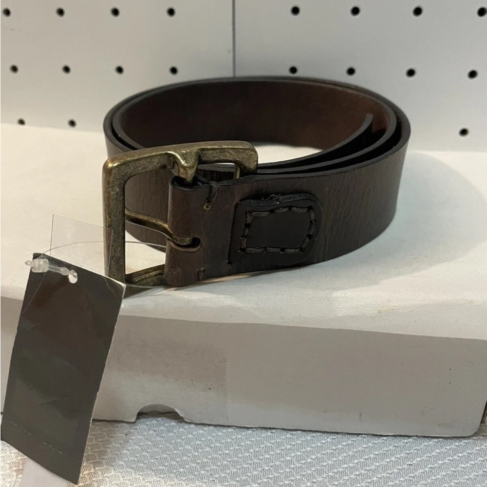 Amiee Lynn Chocolate Leather Belt with Antique Brass Buckle Men’s Small